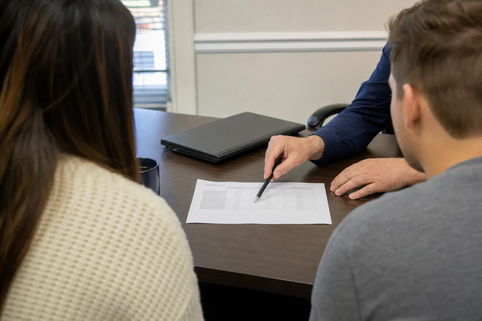 Agent points a pen at a printed comparison sheet on an office desk while a young couple looks on, with a closed laptop and a dark mug nearby.