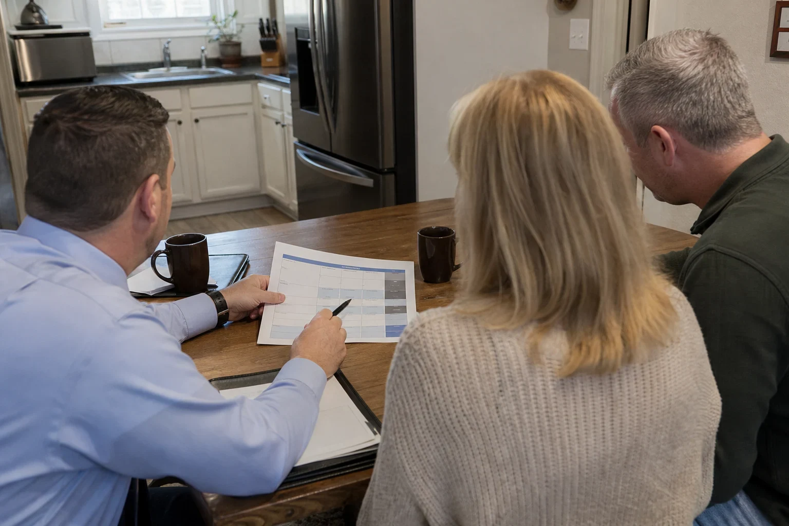Agent in a light blue shirt points a pen at a printed comparison sheet while a couple reads along at a wooden kitchen table with coffee mugs and folders