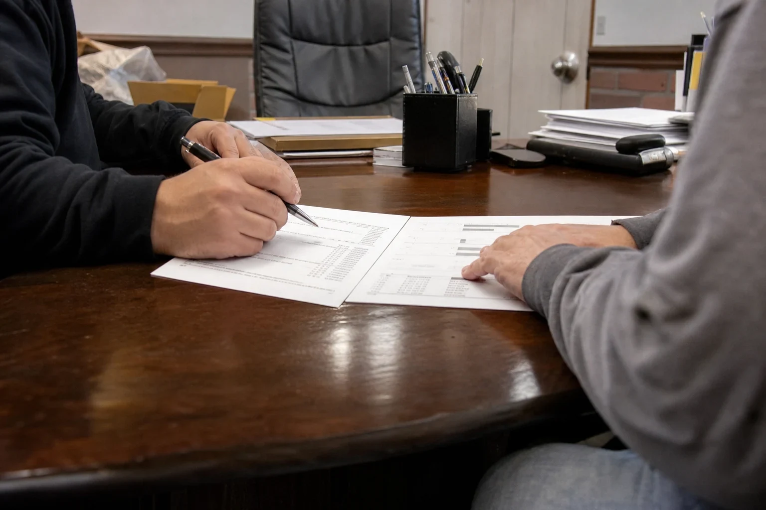 Two people at a dark wooden office desk reviewing two printed documents side by side, one holding a pen, with a pen cup, paper stacks and an office chair behind