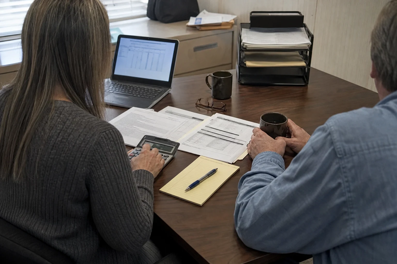 Woman using a calculator beside printed statements and a laptop at an office desk while a man in a denim shirt holding a coffee mug looks on