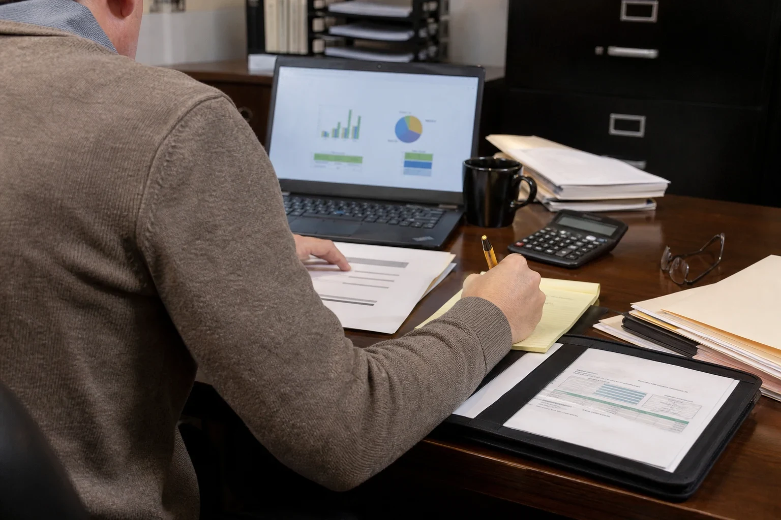 Man in a gray sweater writing on a yellow legal pad at a wooden office desk, with a laptop showing charts, a calculator, a coffee mug and file folders nearby